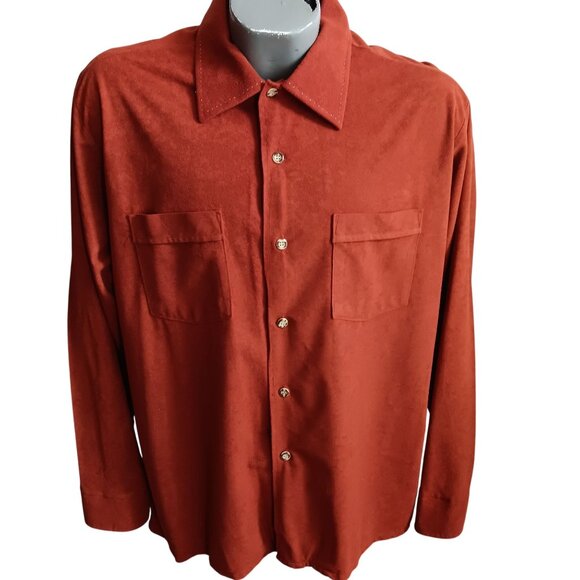 Men's XL Vintage Velour Shirt Rust Soft Touch Suede Button-Up 1970's Boho Mod